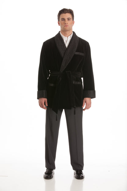 Velvet Smoking Jacket - Black with Black Quilted Collar