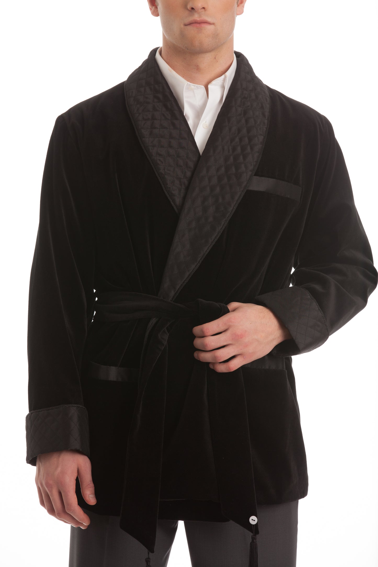 Velvet Smoking Jacket - Black with Black Quilted Collar