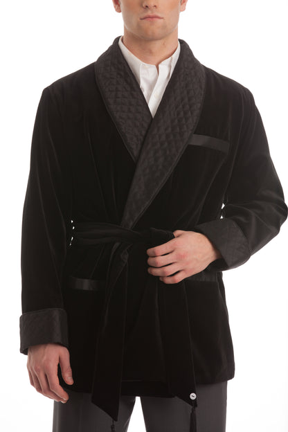 Velvet Smoking Jacket - Black with Black Quilted Collar