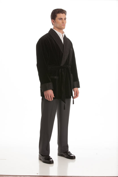 Velvet Smoking Jacket - Black with Black Quilted Collar