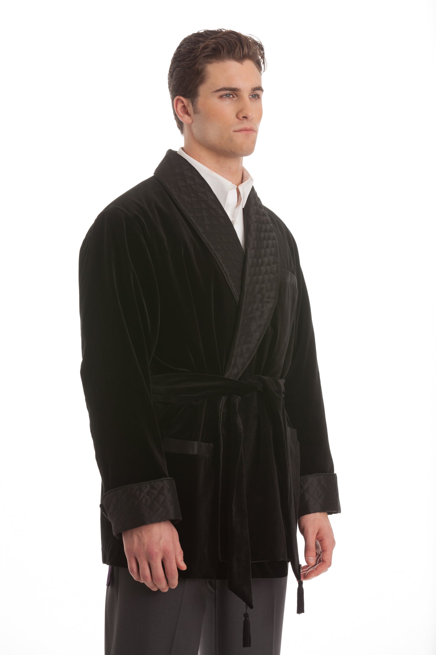 Velvet Smoking Jacket - Black with Black Quilted Collar