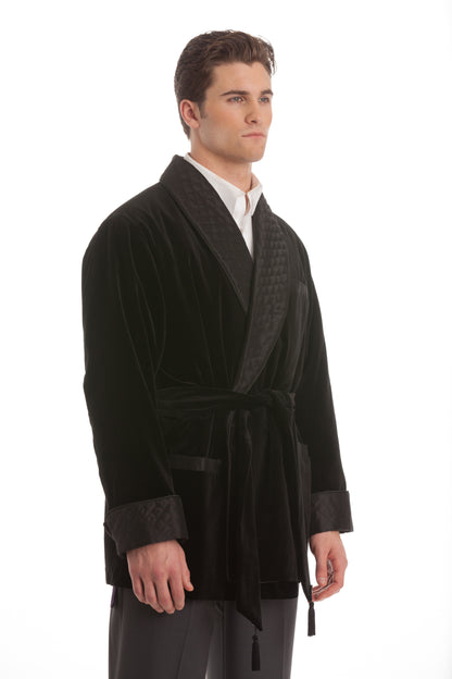 Velvet Smoking Jacket - Black with Black Quilted Collar