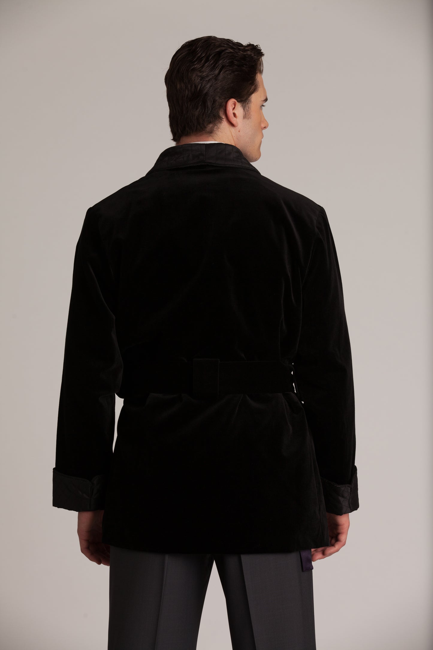 Velvet Smoking Jacket - Black with Black Quilted Collar