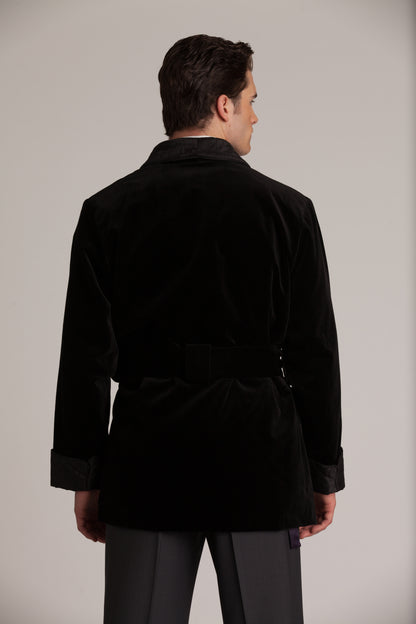 Velvet Smoking Jacket - Black with Black Quilted Collar