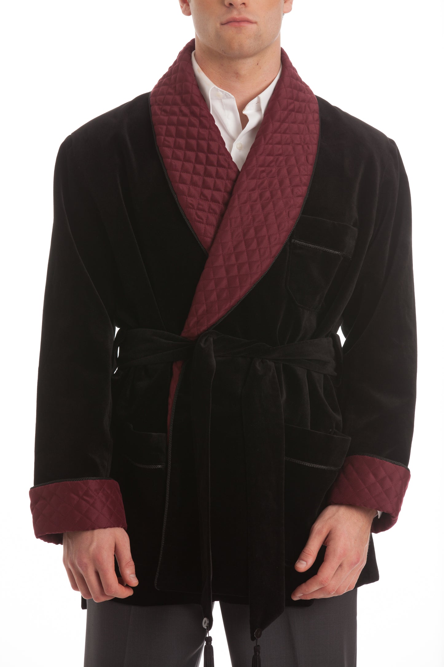 Velvet Smoking Jacket - Black with Burgundy Quilted Collar