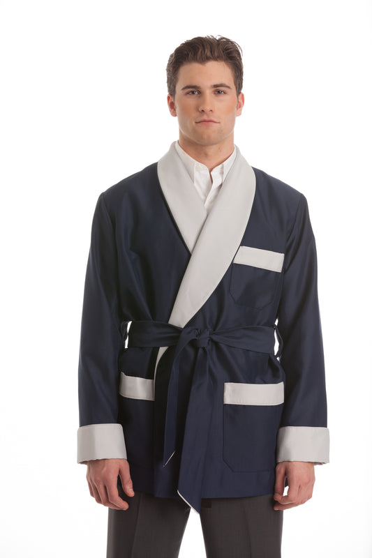 Satin Smoking Jacket - Navy with Silver Collar