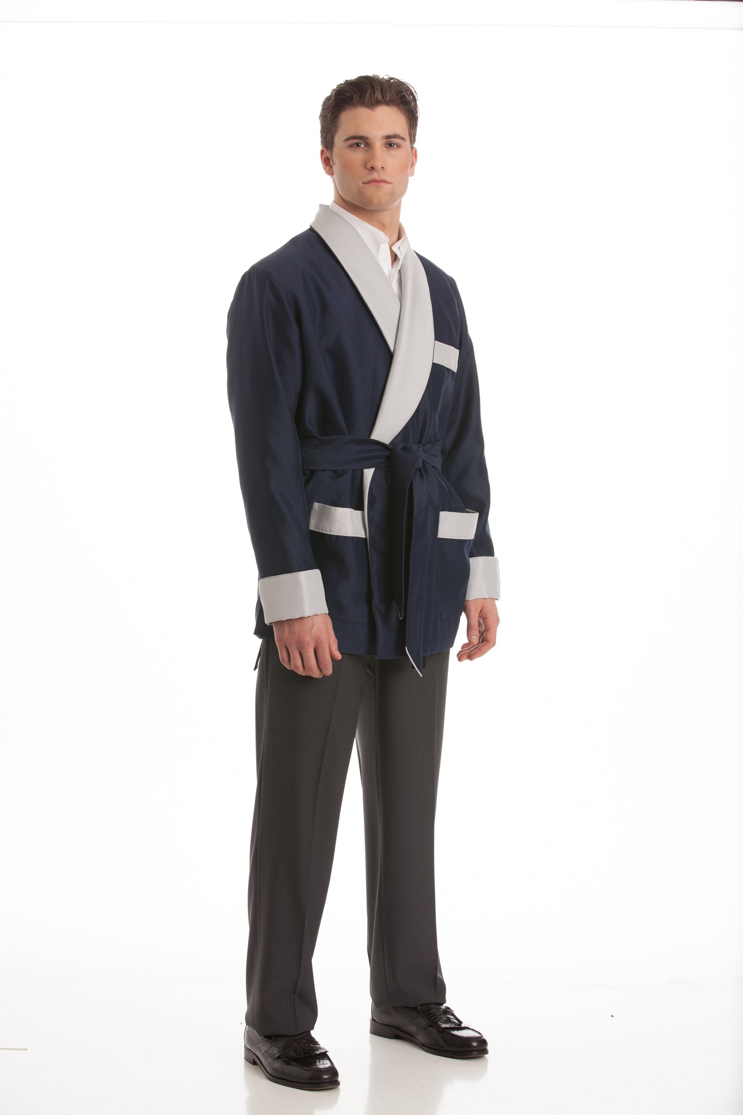 Satin Smoking Jacket - Navy with Silver Collar