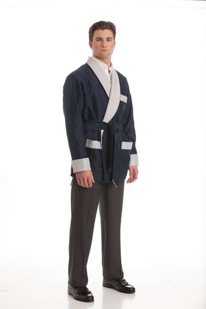 Satin Smoking Jacket - Navy with Silver Collar