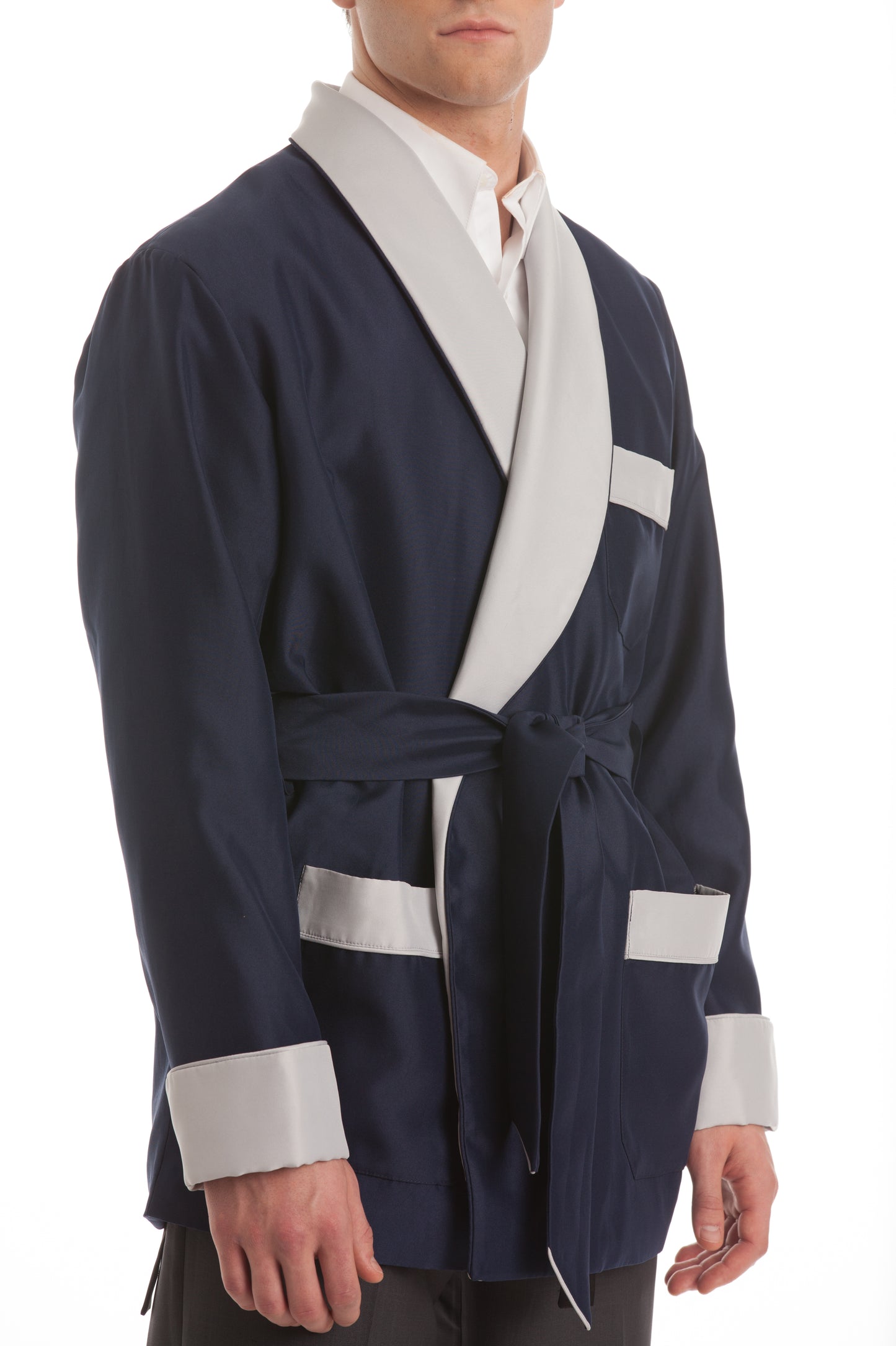 Satin Smoking Jacket - Navy with Silver Collar