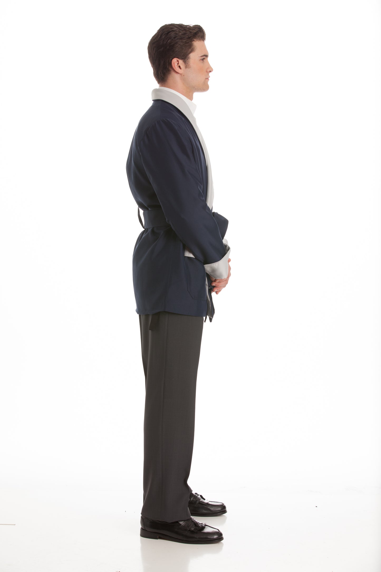 Satin Smoking Jacket - Navy with Silver Collar