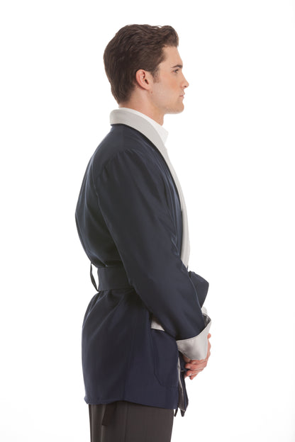 Satin Smoking Jacket - Navy with Silver Collar