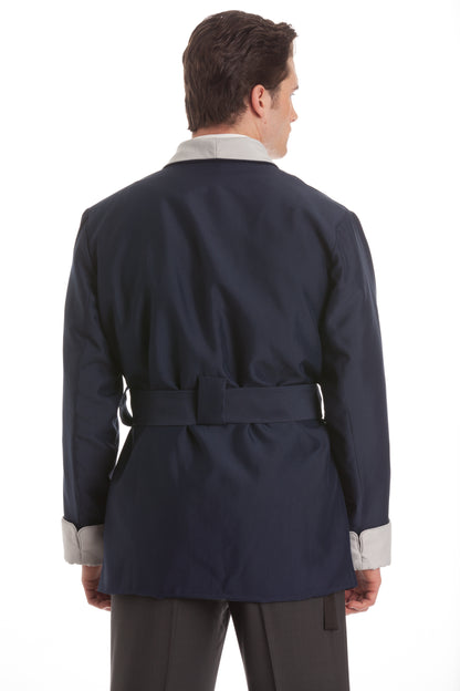Satin Smoking Jacket - Navy with Silver Collar