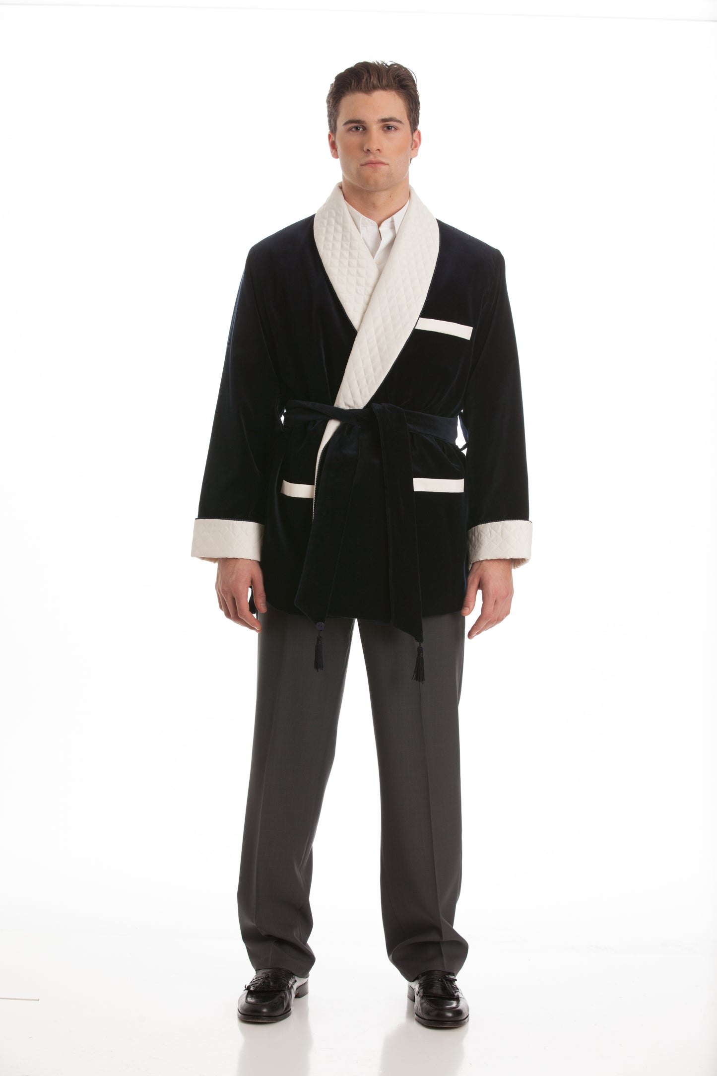 Velvet Smoking Jacket - Black with White Quilted Collar