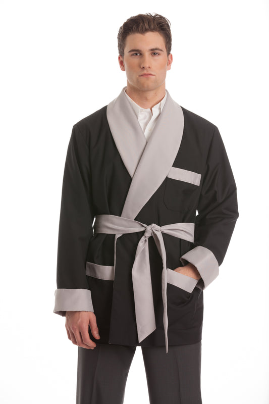 Satin Smoking Jacket - Black with Silver Collar