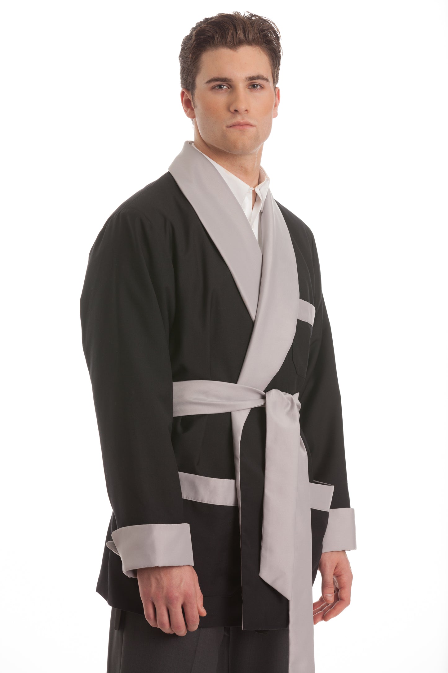 Satin Smoking Jacket - Black with Silver Collar