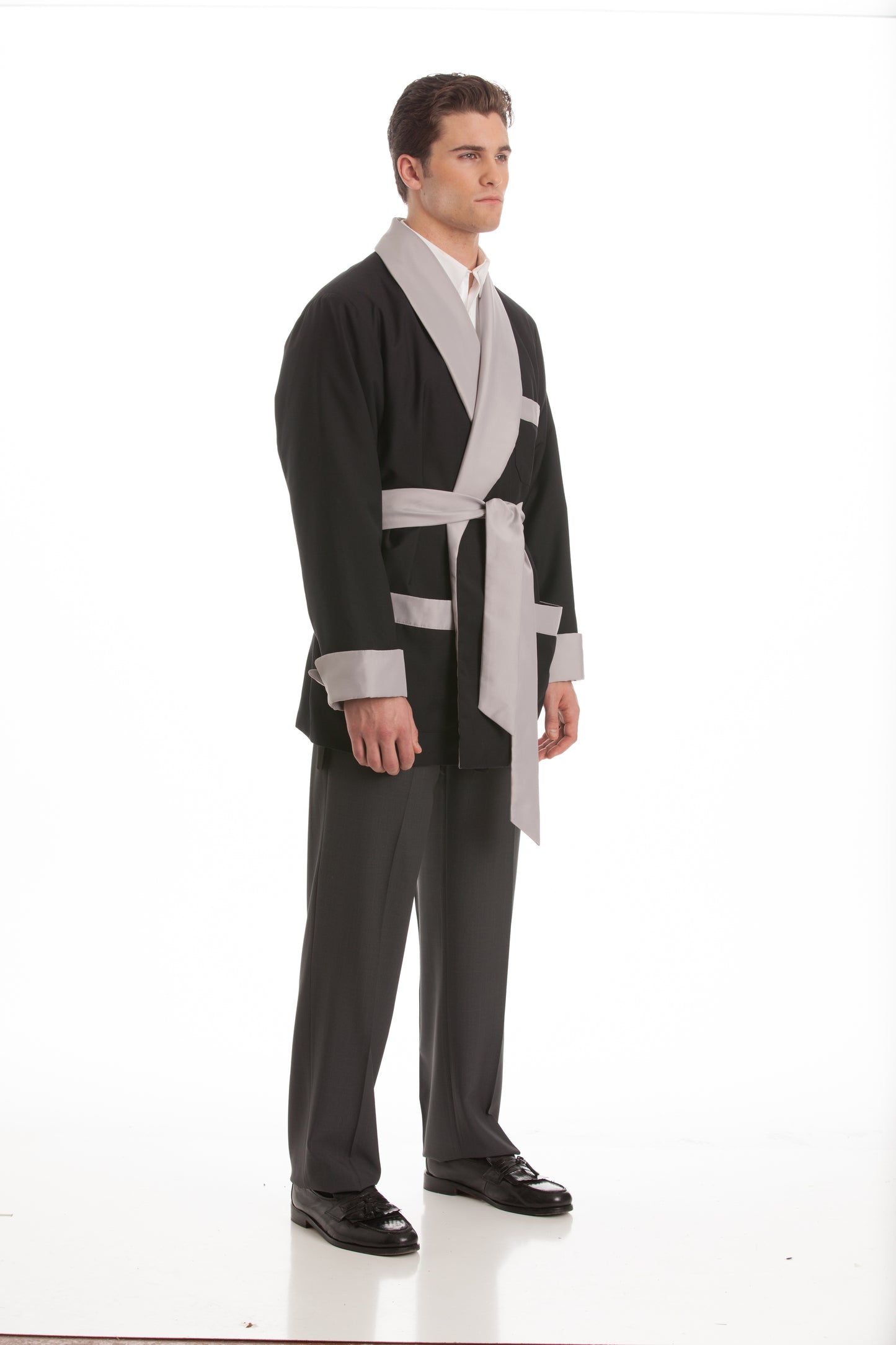 Satin Smoking Jacket - Black with Silver Collar