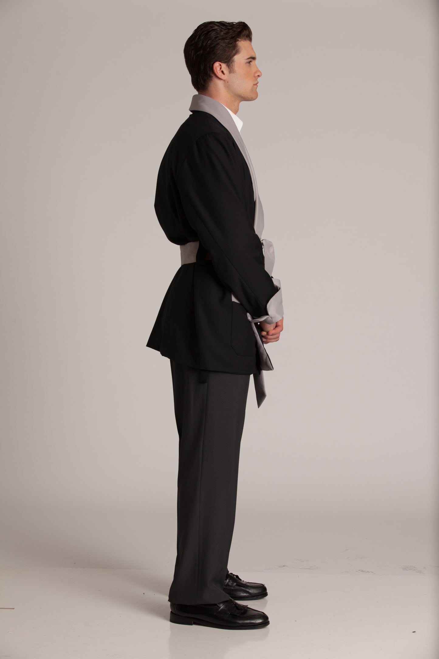 Satin Smoking Jacket - Black with Silver Collar