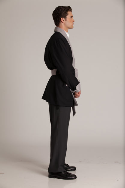 Satin Smoking Jacket - Black with Silver Collar