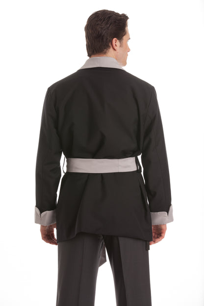Satin Smoking Jacket - Black with Silver Collar