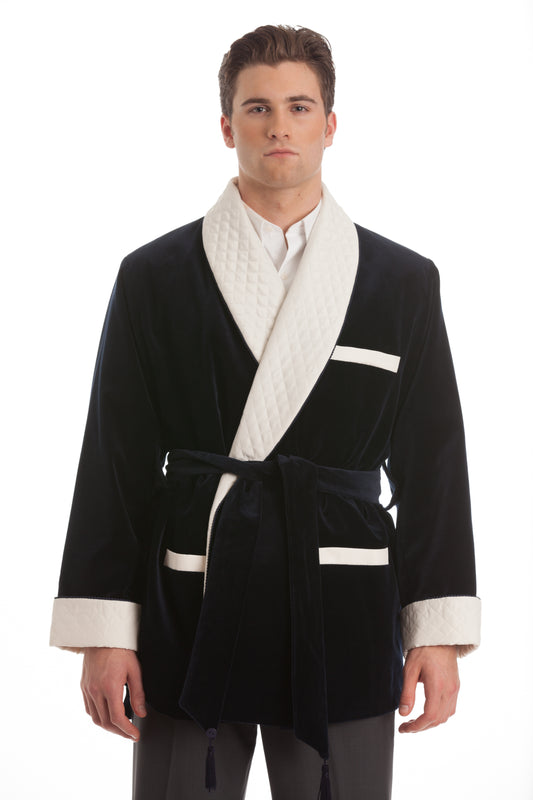 Velvet Smoking Jacket - Black with White Quilted Collar