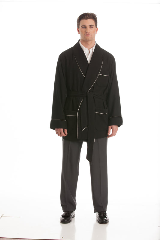 Satin Smoking Jacket - Black with White Piping Collar