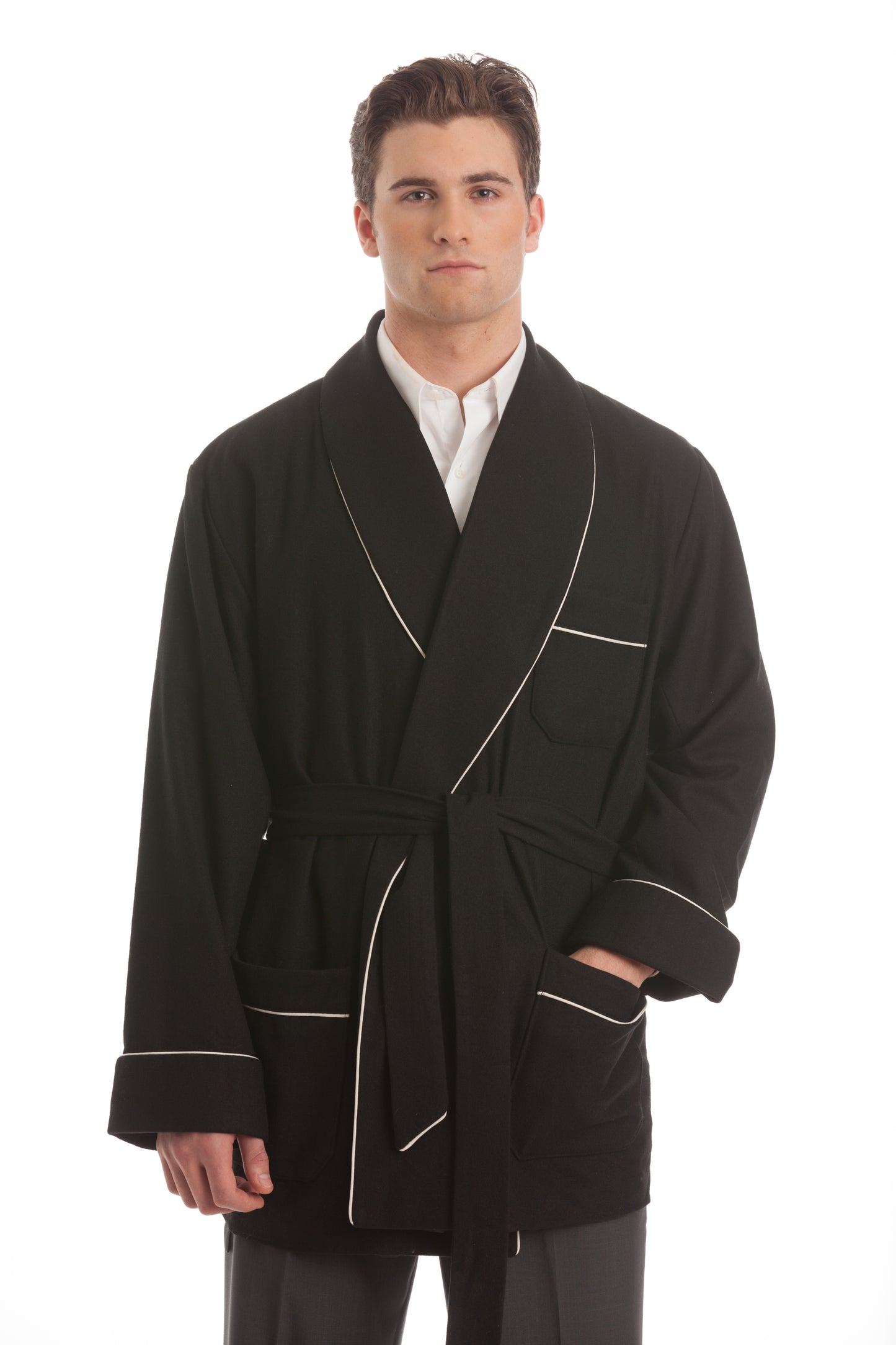 Satin Smoking Jacket - Black with White Piping Collar