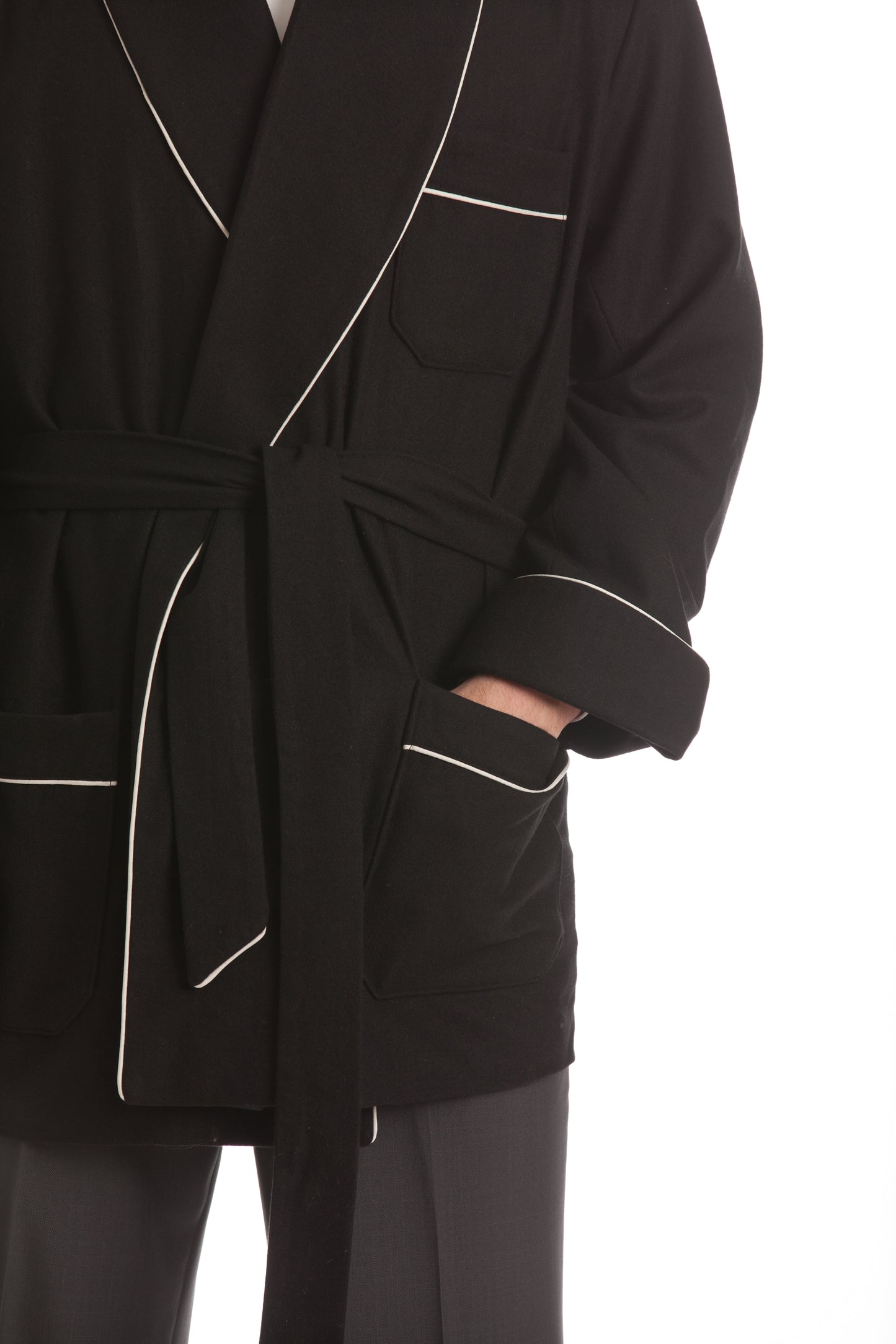 Satin Smoking Jacket - Black with White Piping Collar