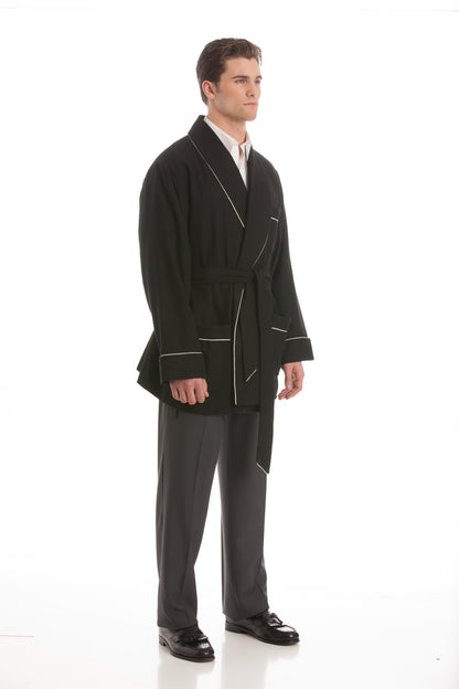 Satin Smoking Jacket - Black with White Piping Collar