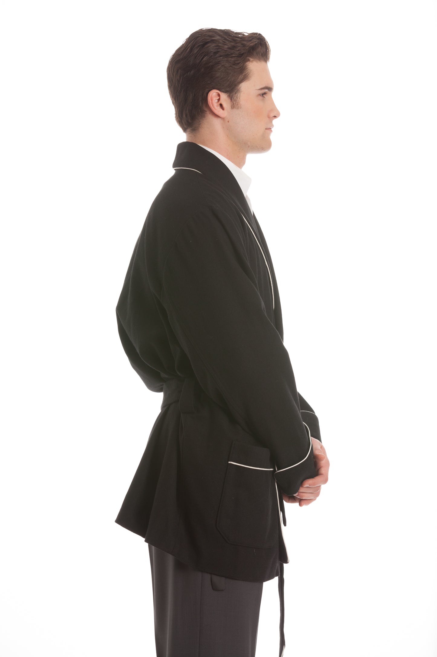 Satin Smoking Jacket - Black with White Piping Collar