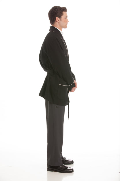 Satin Smoking Jacket - Black with White Piping Collar