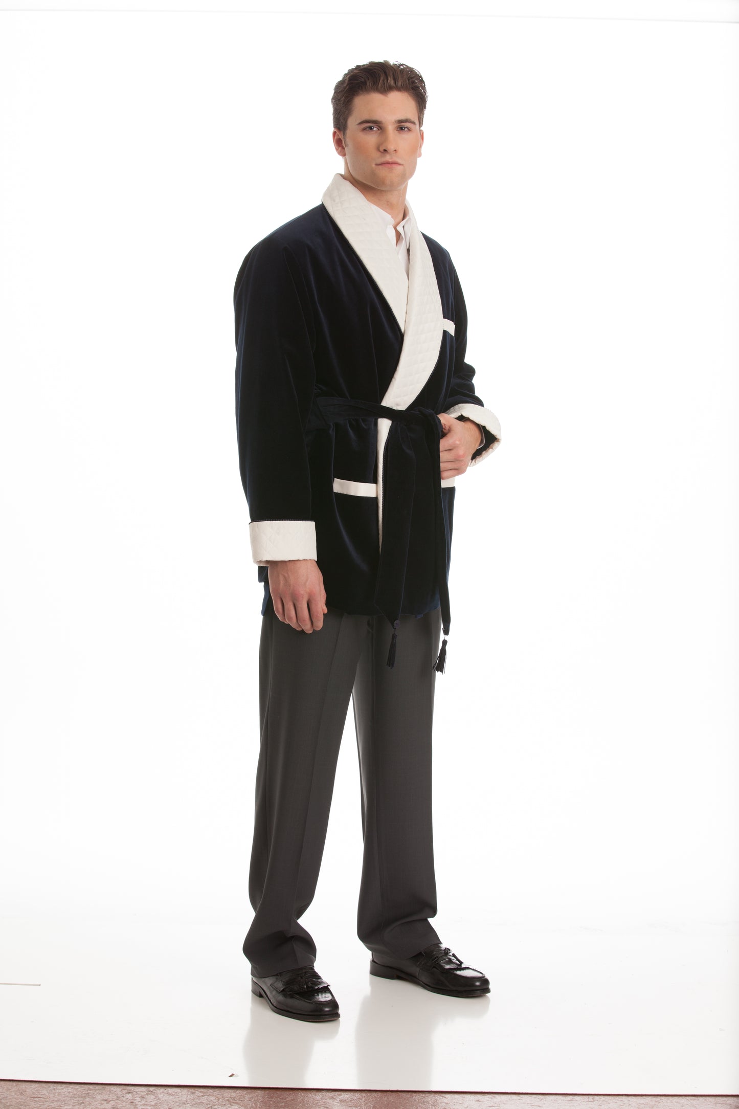 Velvet Smoking Jacket - Black with White Quilted Collar