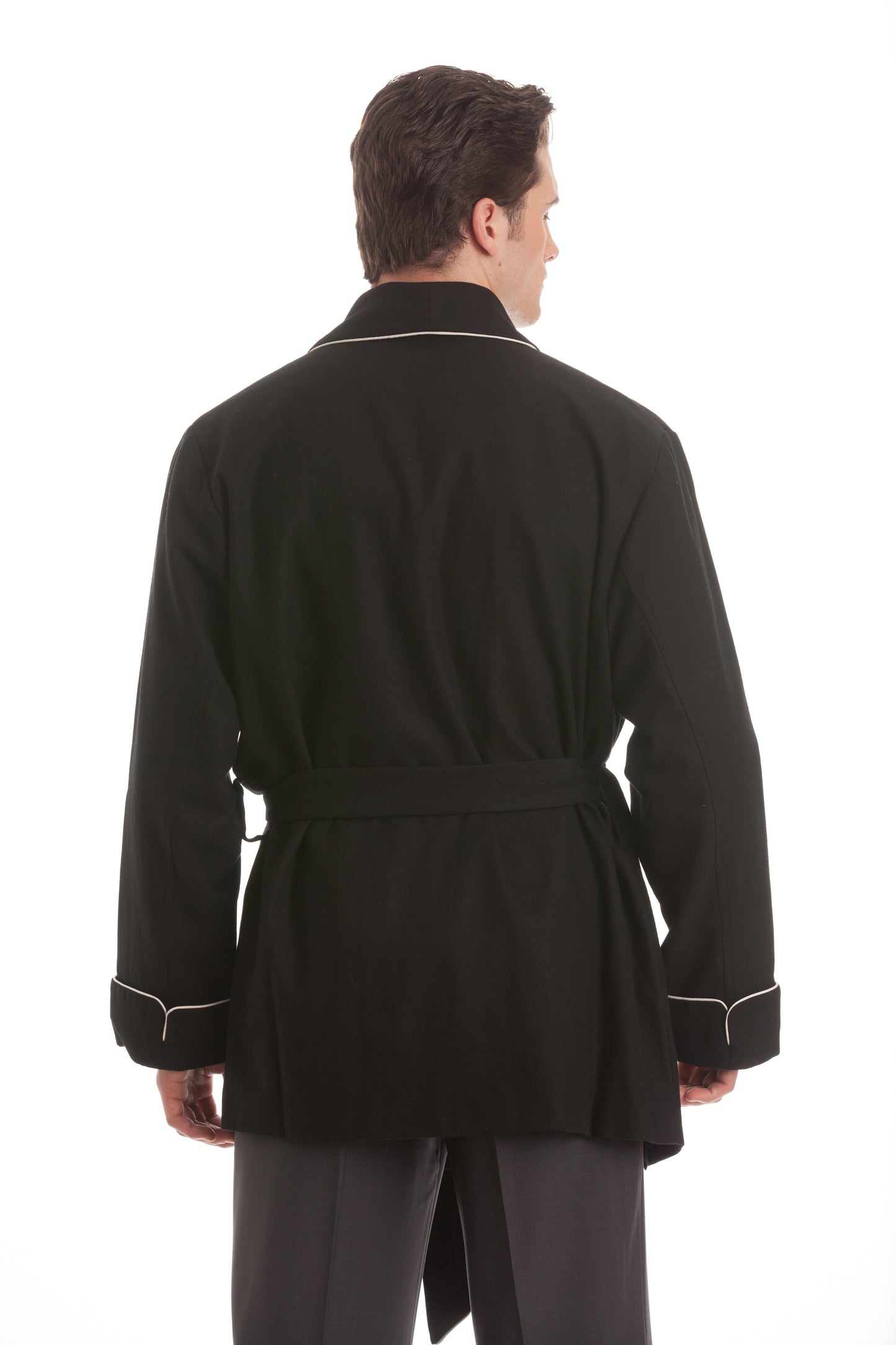 Satin Smoking Jacket - Black with White Piping Collar