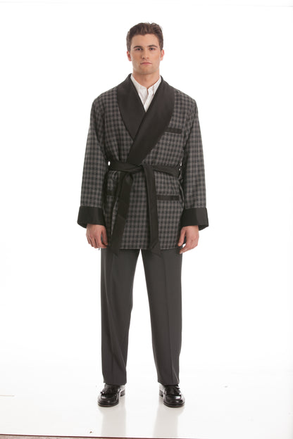 Satin Smoking Jacket - Gray Houndstooth with Black Collar