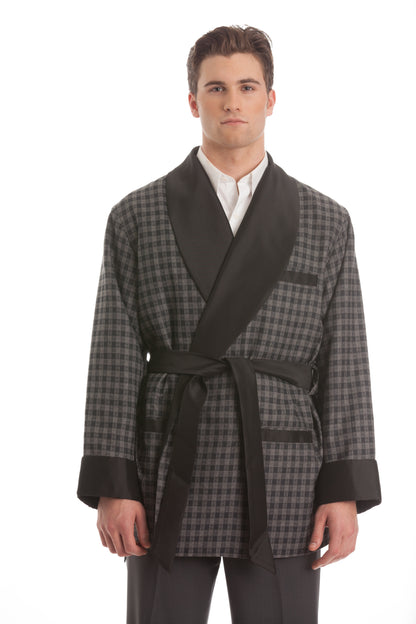 Satin Smoking Jacket - Gray Houndstooth with Black Collar
