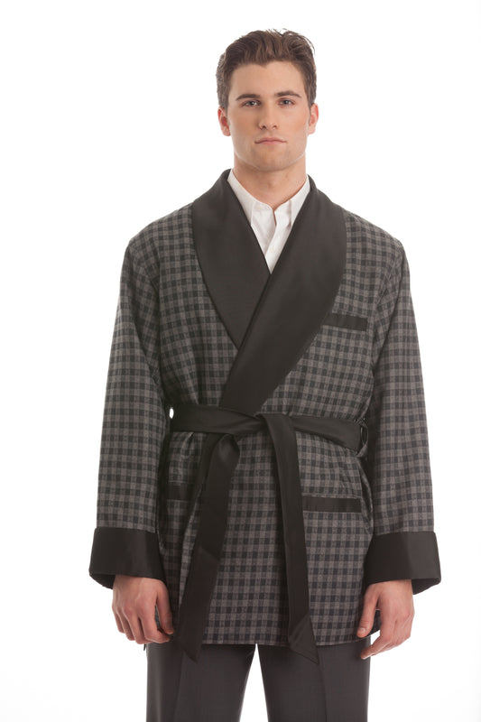 Satin Smoking Jacket - Gray Houndstooth with Black Collar