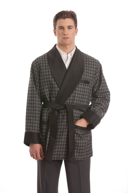Satin Smoking Jacket - Gray Houndstooth with Black Collar