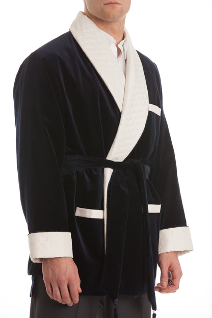 Velvet Smoking Jacket - Black with White Quilted Collar