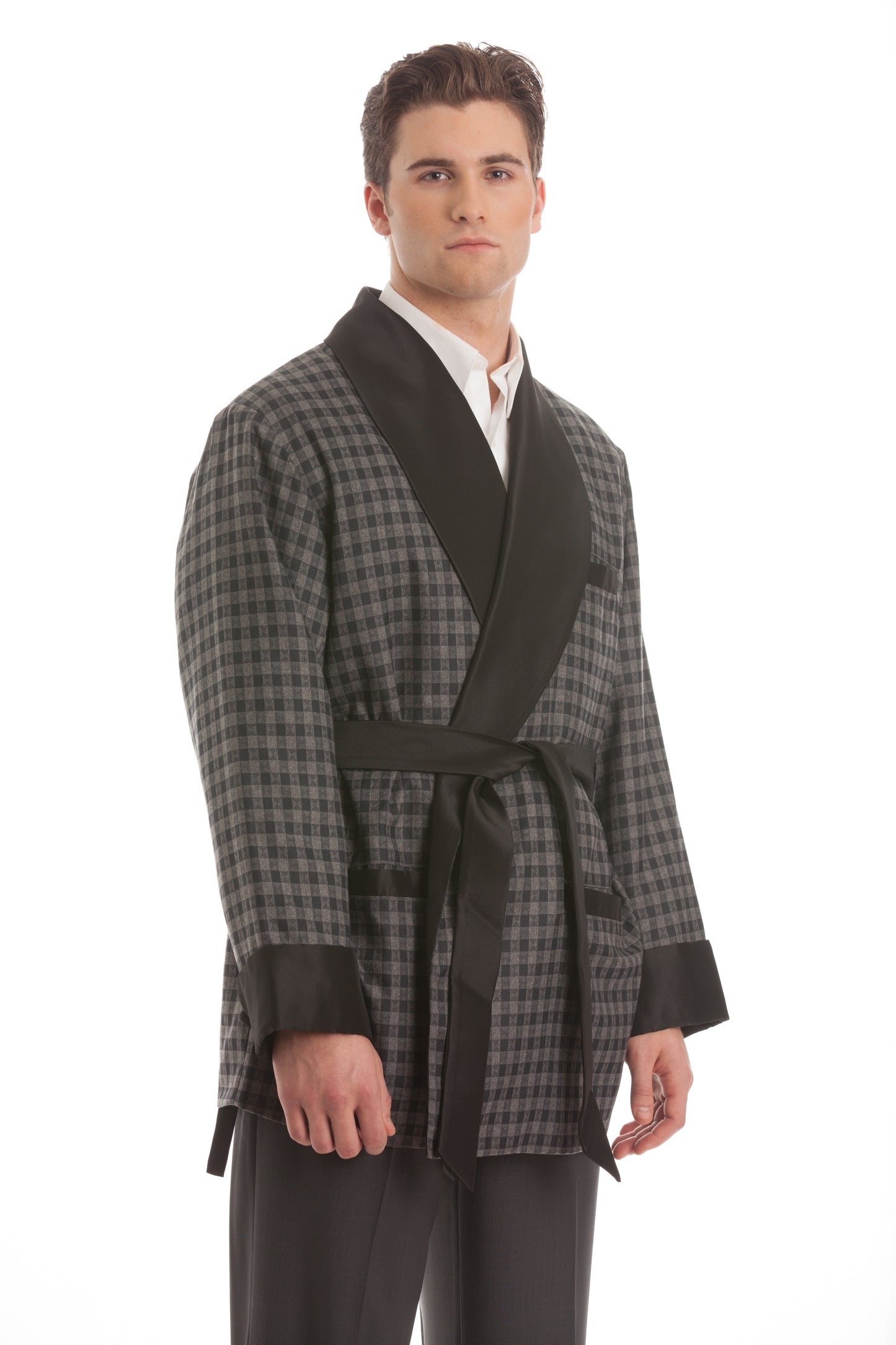 Satin Smoking Jacket - Gray Houndstooth with Black Collar