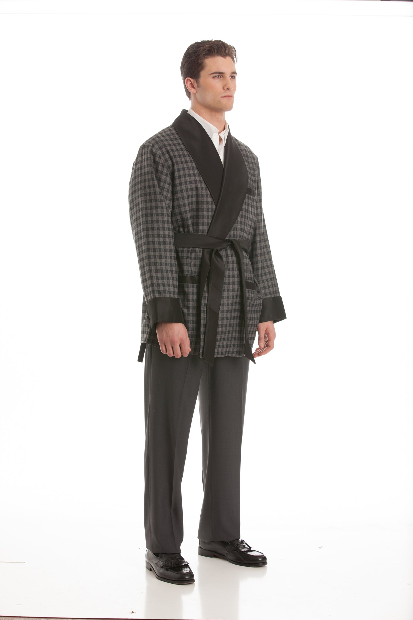 Satin Smoking Jacket - Gray Houndstooth with Black Collar