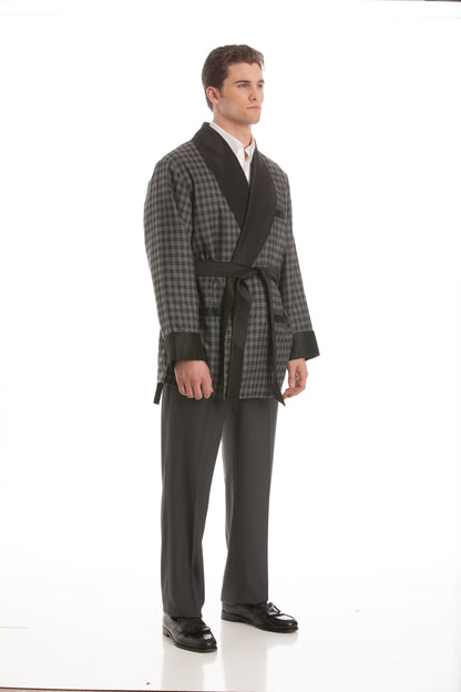 Satin Smoking Jacket - Gray Houndstooth with Black Collar