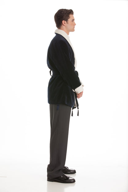 Velvet Smoking Jacket - Black with White Quilted Collar