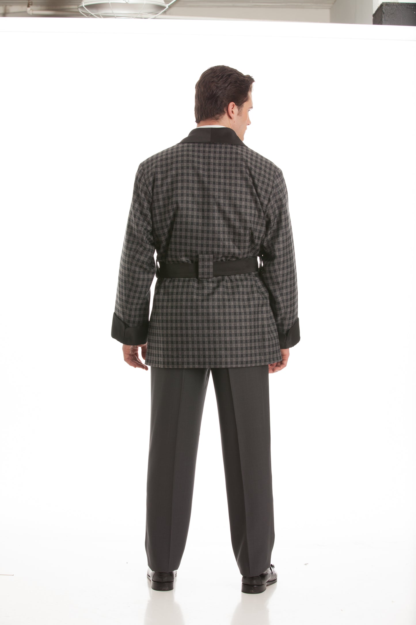 Satin Smoking Jacket - Gray Houndstooth with Black Collar
