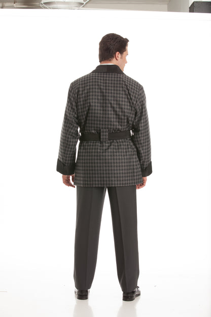 Satin Smoking Jacket - Gray Houndstooth with Black Collar