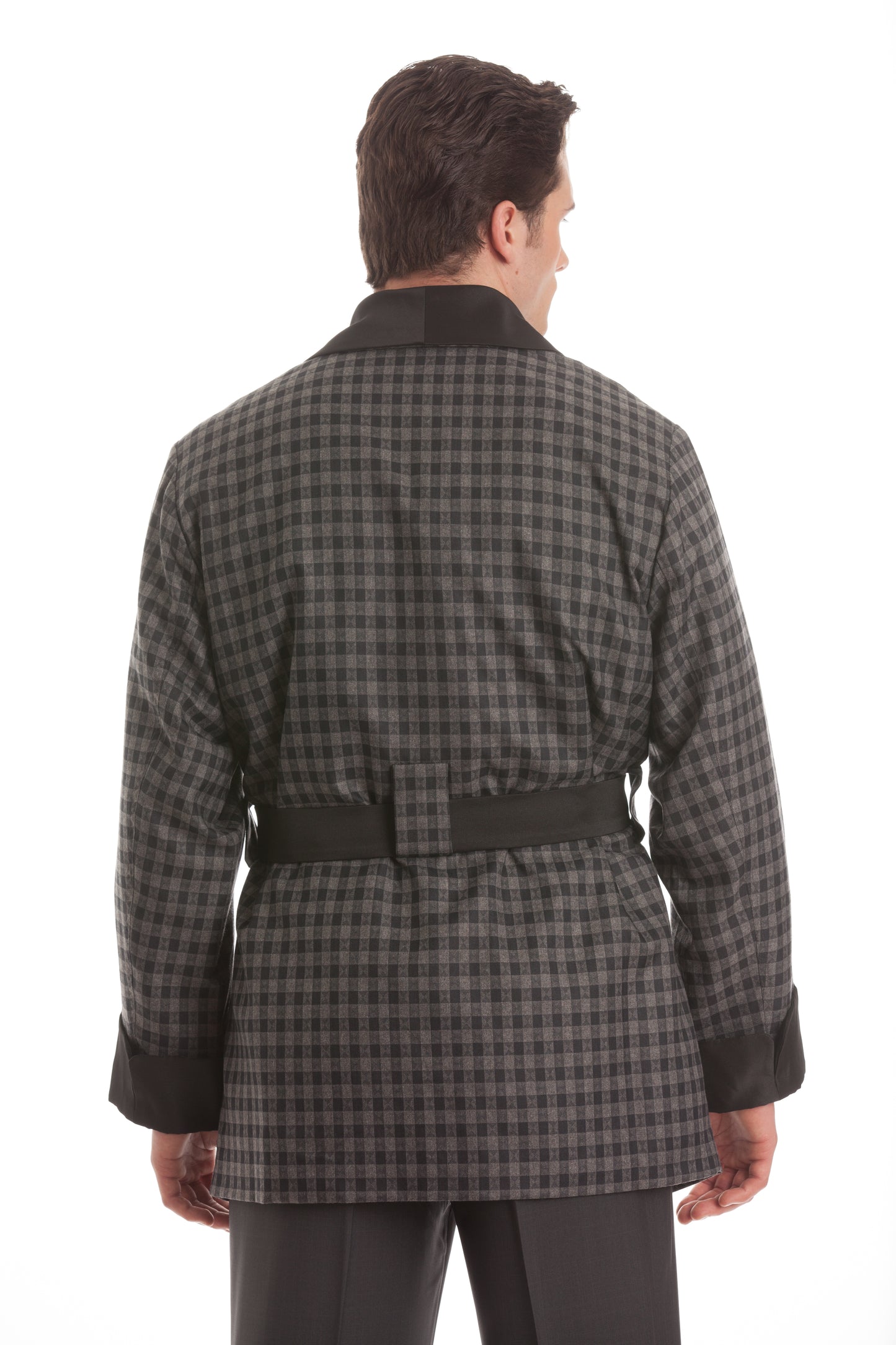 Satin Smoking Jacket - Gray Houndstooth with Black Collar