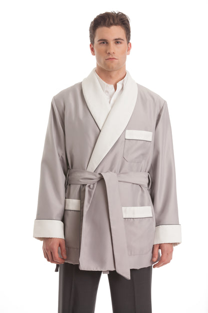 Satin Smoking Jacket - Taupe with White Collar