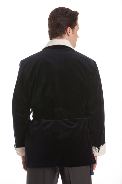 Velvet Smoking Jacket - Black with White Quilted Collar