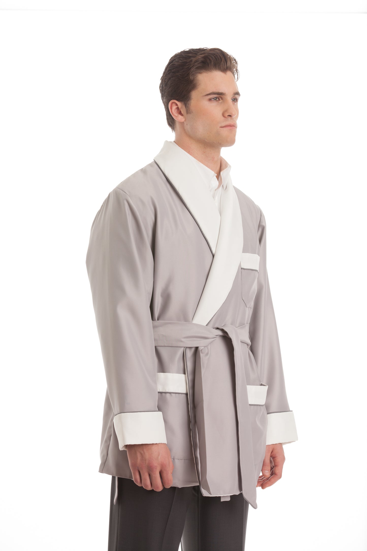 Satin Smoking Jacket - Taupe with White Collar