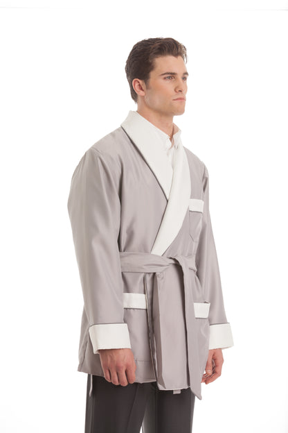 Satin Smoking Jacket - Taupe with White Collar