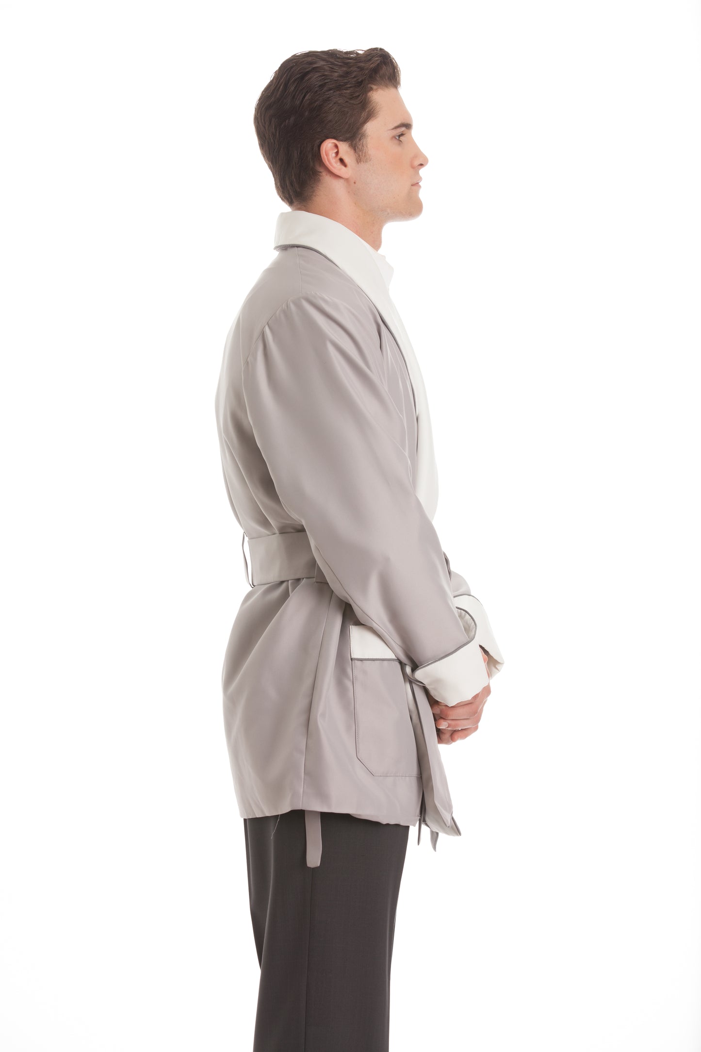 Satin Smoking Jacket - Taupe with White Collar