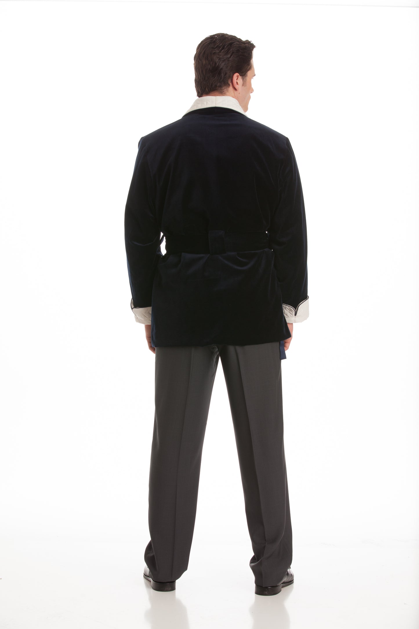 Velvet Smoking Jacket - Black with White Quilted Collar